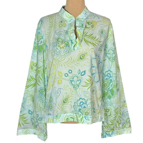 VTG Victoria’s Secret Boho Floral Top Sz.M Green Fine Cotton Peasant Coastal - Picture 1 of 14